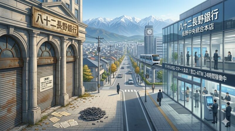 地方銀行の合併に伴い、店舗統廃合が進む街の風景。