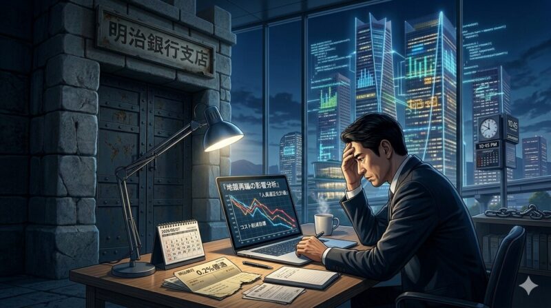 地銀再編の波の中でポスト消失の危機を感じ、夜のオフィスで悩む40代銀行員。