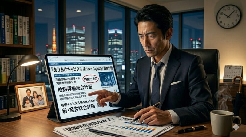 経営統合のニュースを前に、キャリアの選択に悩む40代の地方銀行員。