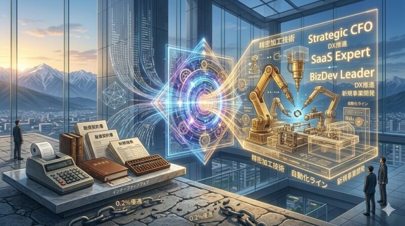 銀行員の財務スキルが、地場産業のCFOや戦略的価値へと翻訳されるイメージ。