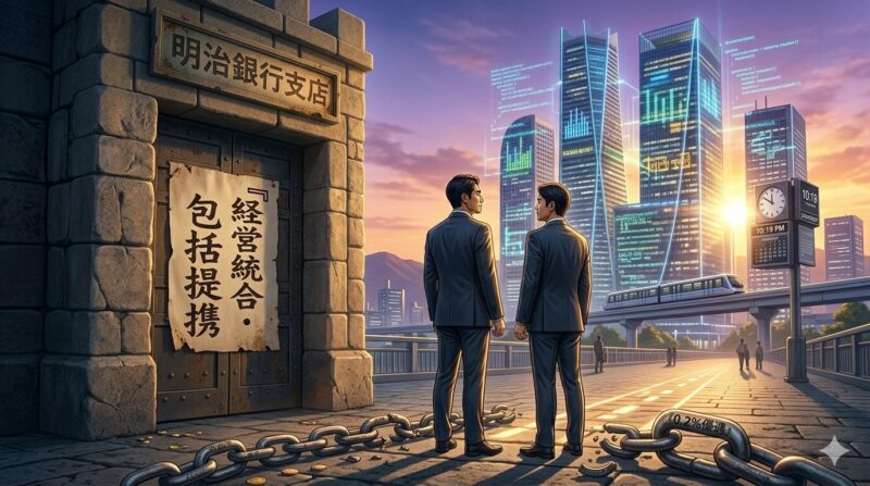 しずおかFGと名古屋銀行の提携・再編に直面する地方銀行員のイメージ。