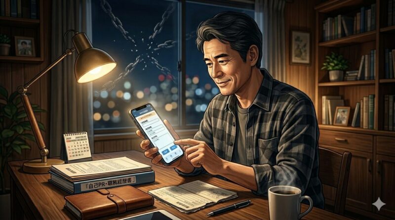 自宅で夜に冷静になり、関西の地銀再編の荒波を乗り越えるためにパソナキャリアへの無料相談登録をスマホで行う40代の現役銀行員