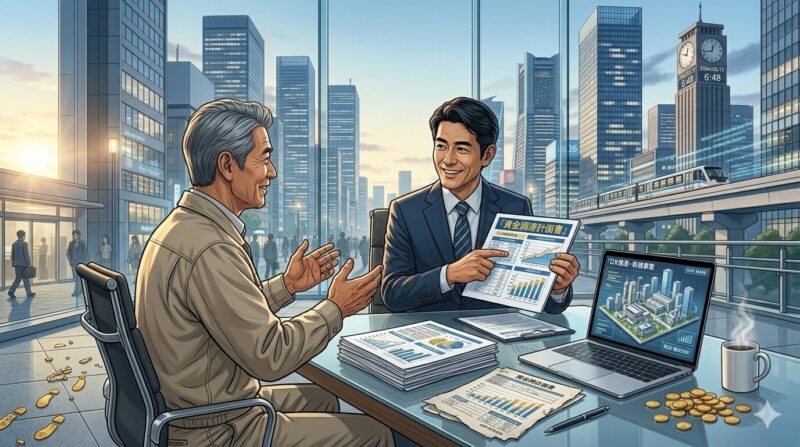 関西の優良企業の財務部長やCFO候補として迎えられ、社長と未来の財務戦略・資金調達計画を生き生きと話し合う元地銀行員の男性