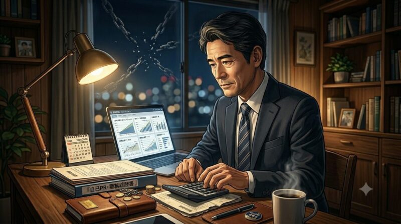 夜の自宅で、ノートPCと電卓を前に冷静に自身のスキルや生涯年収の損益分岐点をシミュレーションする40代の男性銀行員