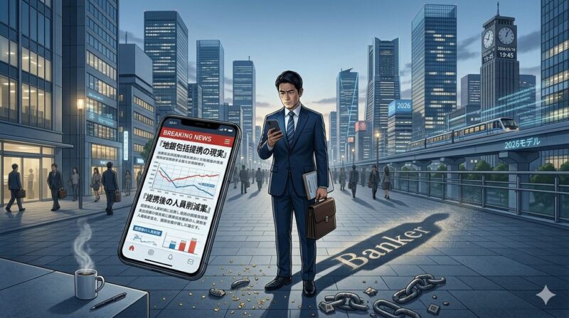 大阪のビジネス街で地銀の資本業務提携や経営統合のニュースをスマホで見て、今後のキャリアや役職定年に強い不安を感じる40代の関西の銀行員