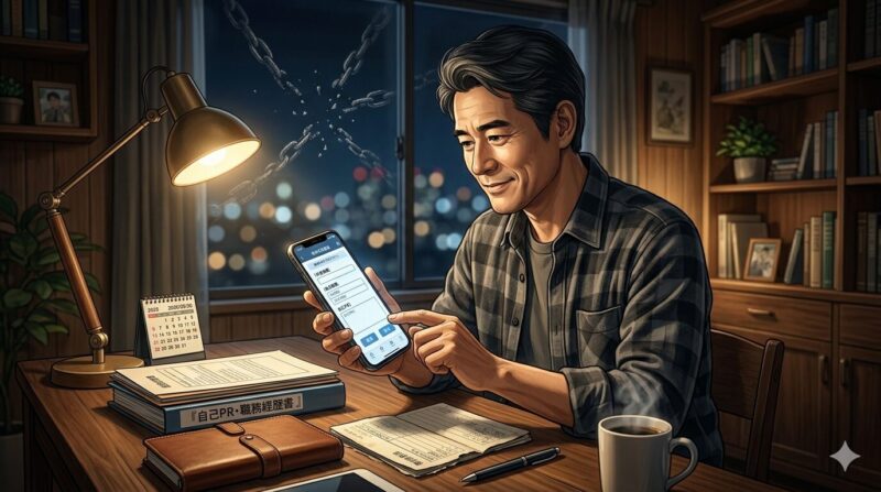 自宅で転職エージェントに登録し未来への一歩を踏み出す40代男性のイメージ