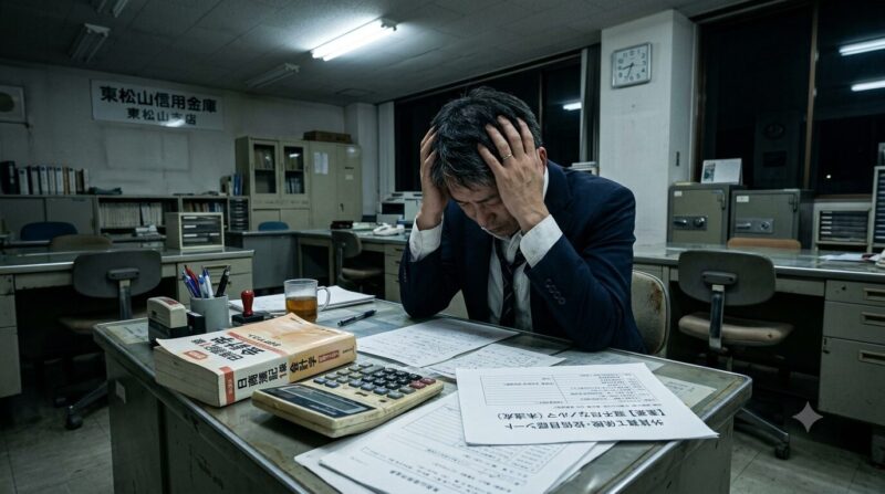 夜の銀行のデスクで、日商簿記1級のテキストを横目に、理不尽な営業ノルマの書類を前に頭を抱えて悩む40代の男性地方銀行員