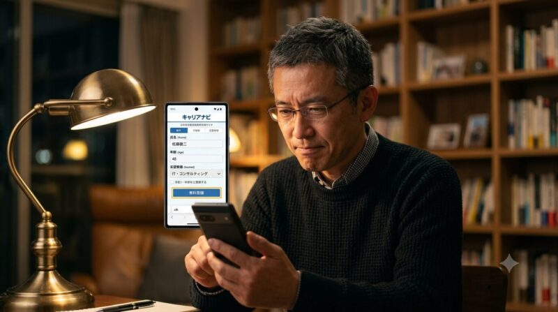 自宅で夜に冷静になり、地銀再編の荒波を乗り越えるためにスマホから無料キャリア相談に登録する40代銀行員