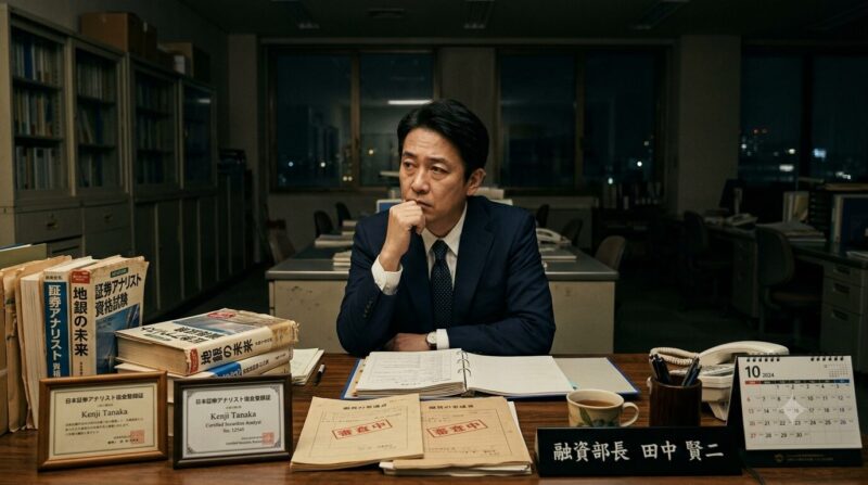 地銀の古いオフィスで、証券アナリストの登録証を前に、これからのキャリアに閉塞感を抱きながら悩む40代の男性行員