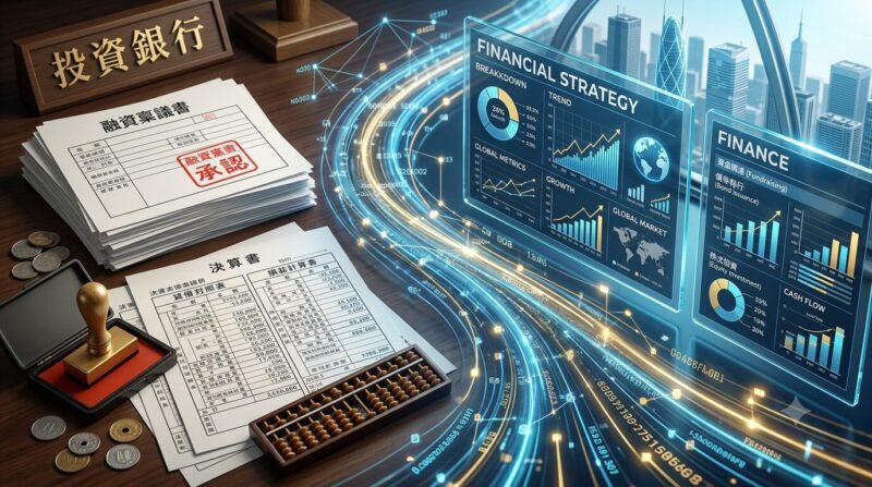 古い銀行の稟議書から、洗練された大手企業の「財務戦略レポート・資金調達計画」へと文字が光となって変換されていくイメージ図