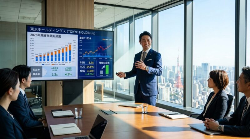 洗練された上場企業の会議室で、プロのアナリストとして財務チャートを背に堂々とプレゼンを行う元銀行員のIRマネージャー