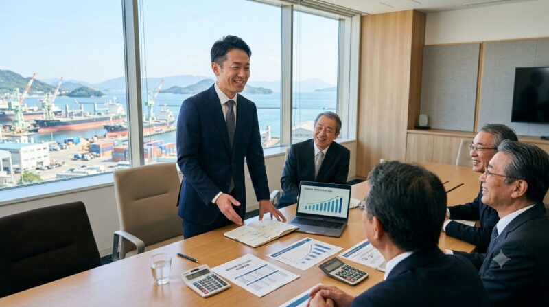 四国の優良企業のCFOとして迎えられ、社長や役員へ向けて堂々と資金調達・財務戦略をプレゼンする元地銀行員