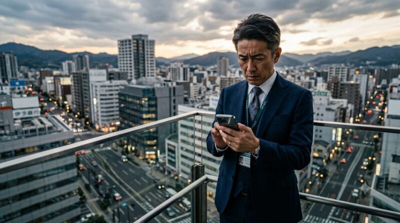 いよぎんHDと愛媛銀行の経営統合ニュースをスマホで確認し、役職定年やポスト削減に焦りを抱く40代銀行員