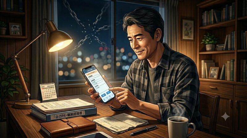 手遅れになる前に攻める側へ回るため、夜の自宅で静かにパソナキャリアへの無料登録をスマホで行う40代の現役銀行員