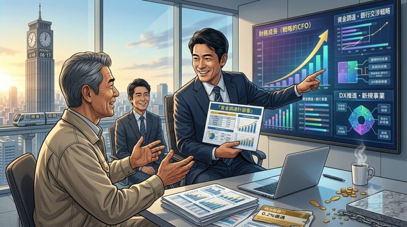 九州の爆速成長企業の財務責任者(CFO候補)として経営陣に迎えられ、生き生きと財務戦略を語る元地銀行員のミドル男性