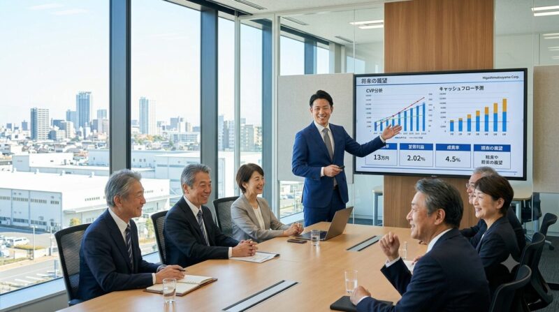 大手メーカーの洗練された会議室で、自社の原価計算データや財務計画を自信に満ちた表情で経営陣にプレゼンする40代の財務マネージャー(元銀行員)
