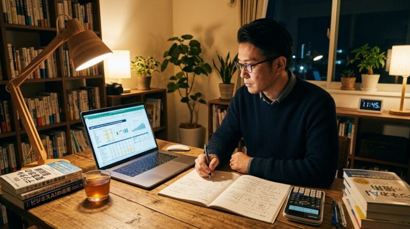 夜の自宅の書斎で、ノートPCの画面に映る新しい財務システムやビジネスチャットを冷静に分析・予習する40代の男性行員