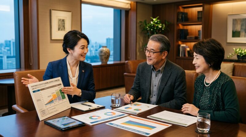 ファミリーオフィスで富裕層顧客へ資産承継のアドバイスを行う40代女性ウェルスアドバイザー