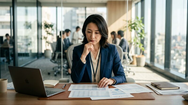 投信・外貨保険の販売ノルマと顧客への罪悪感に悩む40代女性銀行員のイメージ