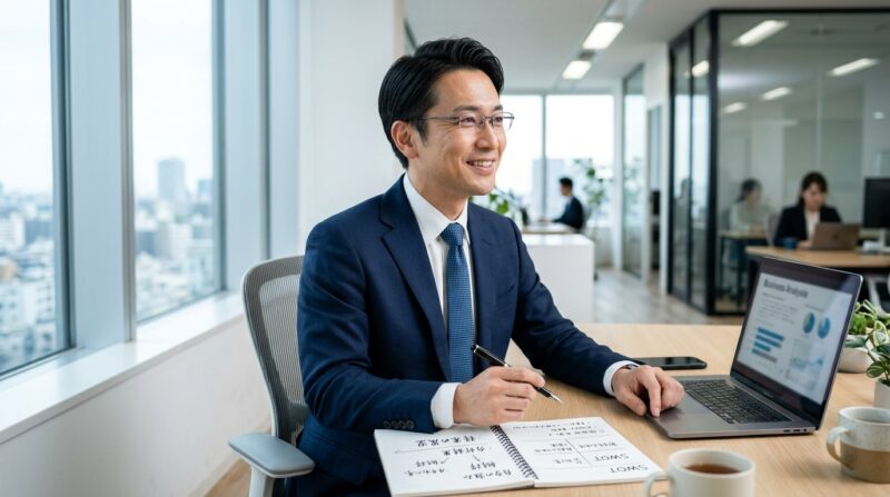 銀行員特有の専門用語を一般企業の言葉へ「スキル翻訳」し、エージェント面談の準備を行う40代ビジネスマン