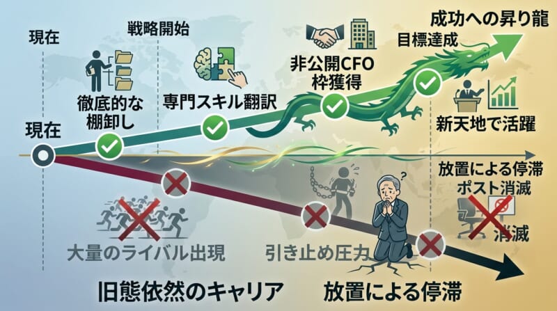 地銀統合完了直前になってから転職活動を始めても遅い理由を示すタイムライン比較図