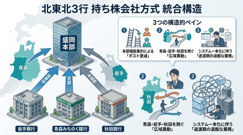 岩手銀行・青森みちのく銀行・秋田銀行の持ち株会社方式による統合と本部集約・広域転勤の図解